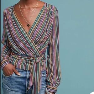 Maeve Anthropologie Lisa Striped Blouse Multicolor Tie Front V-Neck Rayon